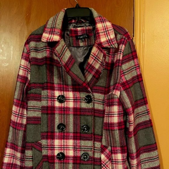 Rue21, Wool Plaid Pea Coat, Size XL - Picture 2 of 6
